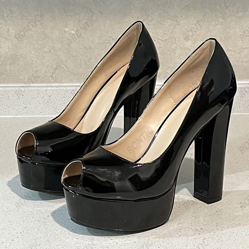 Ronticool Handmade Women Platform Pumps Block Heels Peep Toe Classics Black Party Shoes US Plus Size 5-20