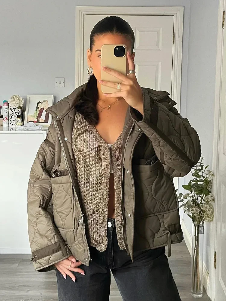 HH Women's Winter Cotton Jacket Retro Solid Color Stand Collar Jacket Women's Elegant Large Pocket Quilted HighStreet Jacket
