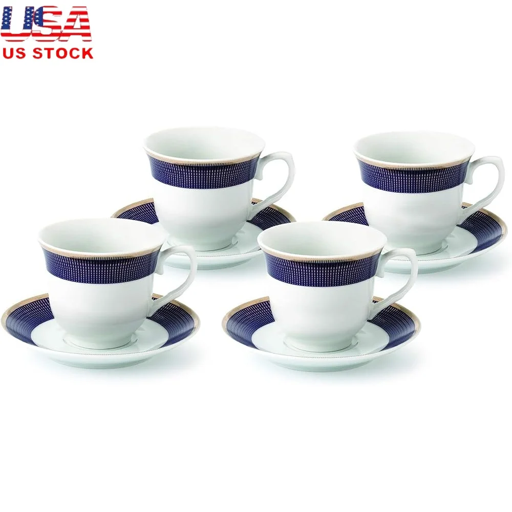 

Набор чашек для чая и кофе, 4 прочных фарфоровых синих чашек, блюдца, 8 унций, герметичные, современный дизайн, идеальные собрания