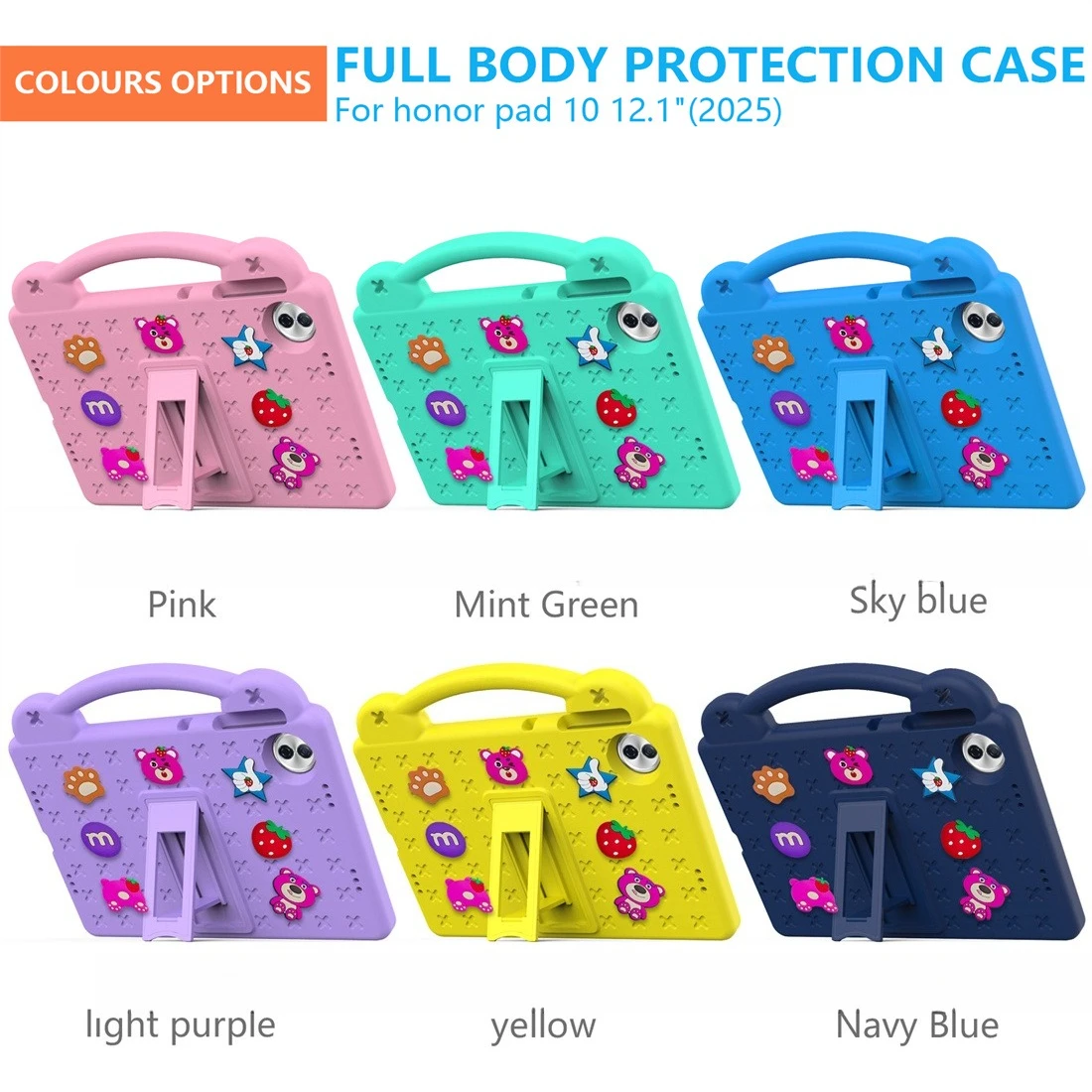 

EVAHandle Case for Honor Pad 10 (2025) 12.1" Cartoon Shockproof Kickstand Protective Cute Strawberry Bear Tablet Cover