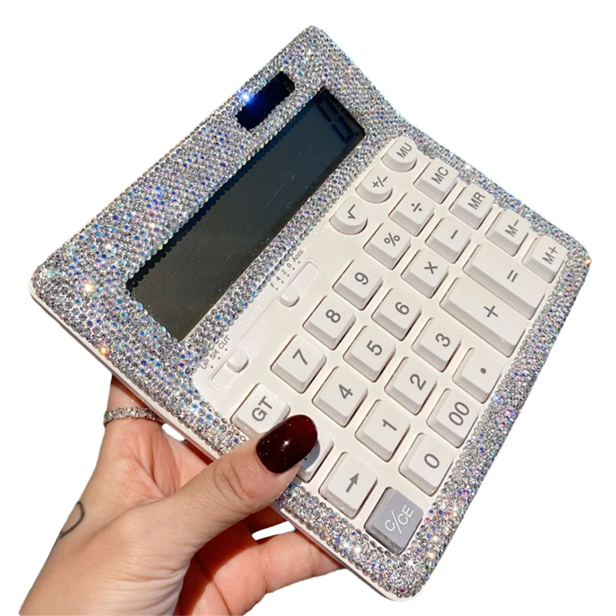 BISMZ Taschenrechner mit Strass-Kristall, Standard-Tischrechner, LCD-Display, batteriebetriebener und solarbetriebener glänzender Taschenrechner