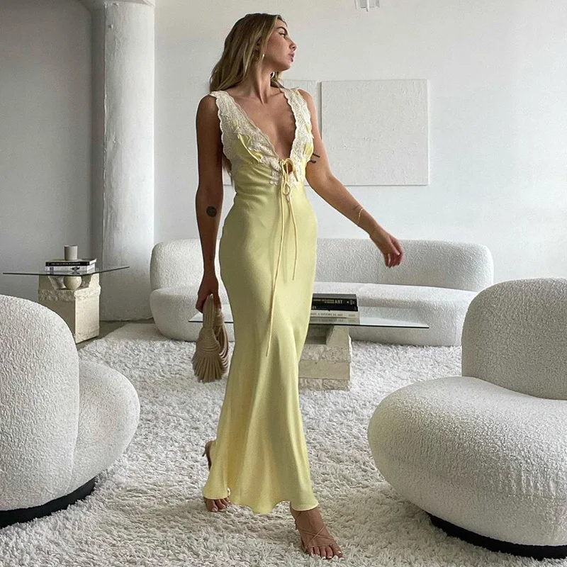 

V Neck Maxi Satin Bodycon Dress Party Sexy Lace Backless Lace Summer Elegant Bandage Solid Color Women Dresses