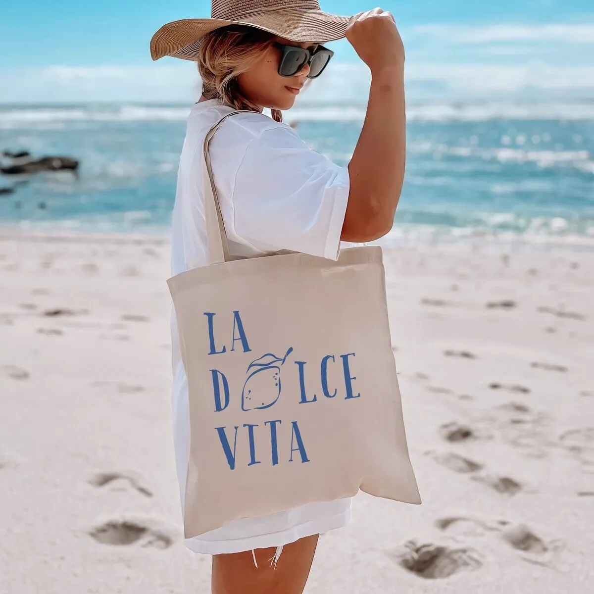 1 unidad, diseño impreso a doble cara. Bolsa de mano La Dolce Vita Dolce Vita con estampado de limón y cítricos, sin forro, con bolsillo interior - Ideal para regalos de playa.