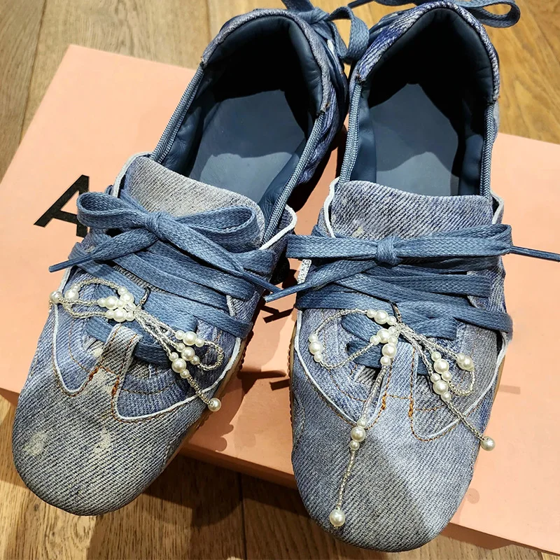 Vintage Denim Lace-up Ballet Shoes For Women Blue Spring Pearl Bow Pleated Slip-on Flat Bottom Brand Luxury Fashion Casual Shoes