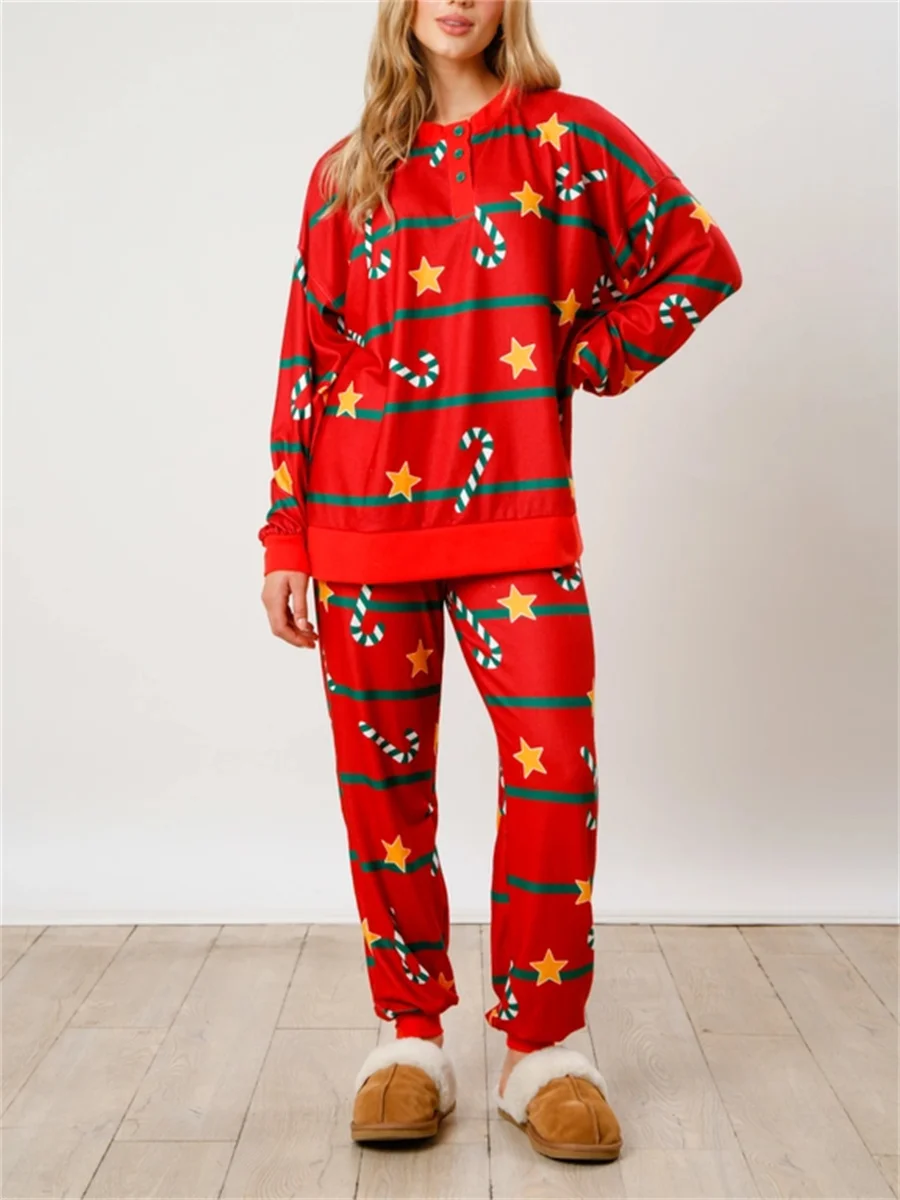 Women Candy Cane Christmas Pajamas Striped Lounge Set Xmas Pjs Set Tracksuit Holiday Print Jammies Sleepwear