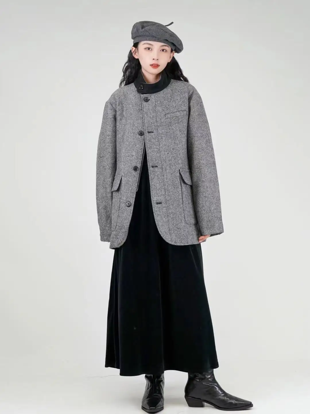 

Шерстяное пальто оригинального дизайна, средней длины, с воротником-стойкой, силуэт «русалка», винтажный стиль, женская верхняя одежда для осенне-зимнего сезона