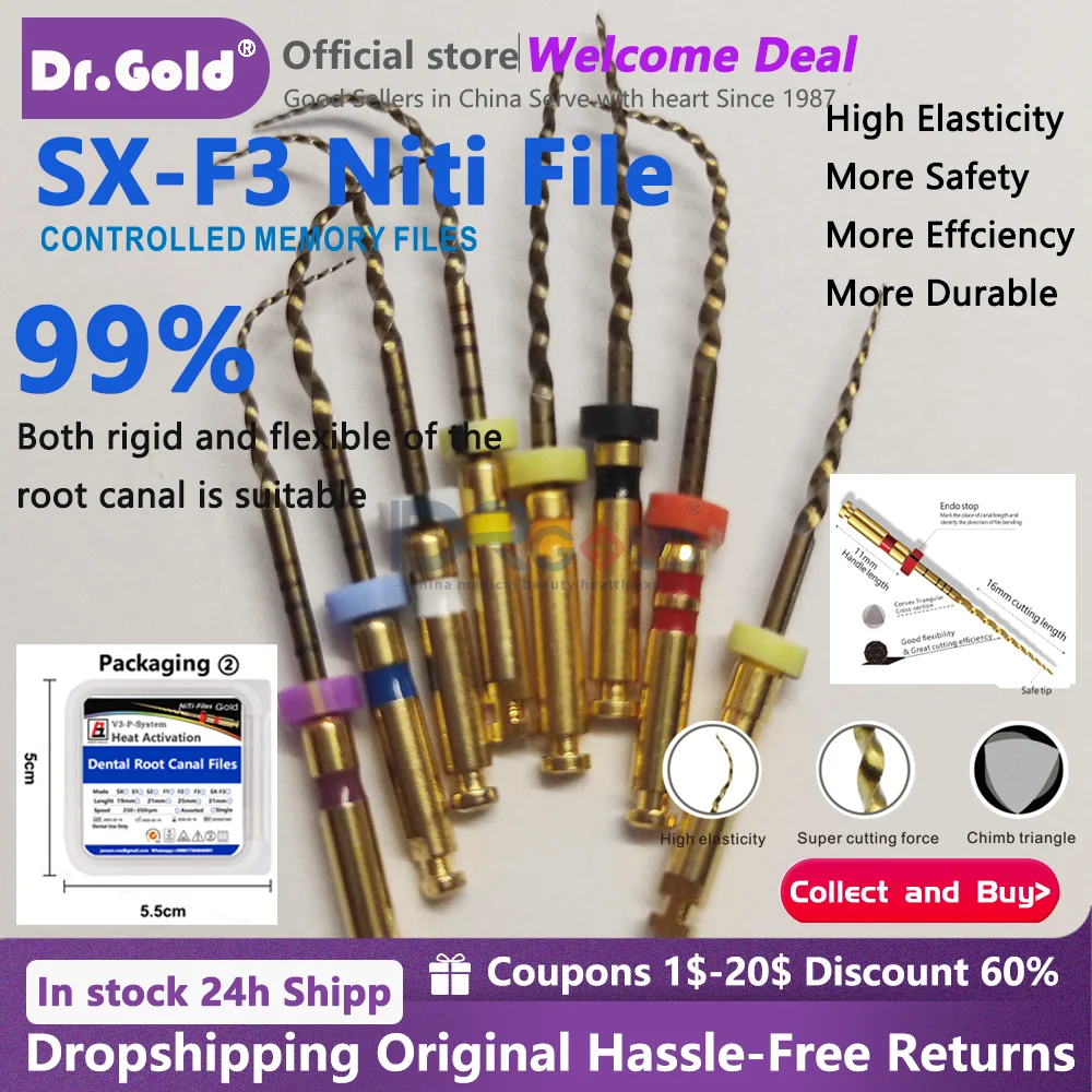 

Dental Gold Flexible Endo Rotary Engine Files Heat Activation Root Canal Operation Endodontic Files 25mm SX-F3 NITI Dentist f4f5