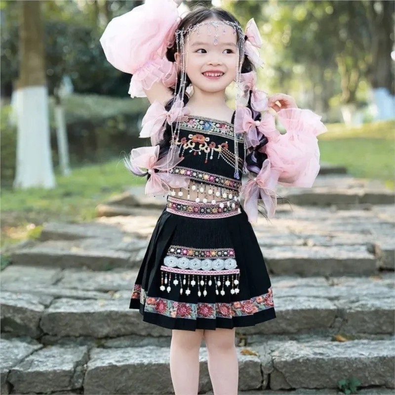 2025 Girls' Embroidery Zhuang Princess Dress Miao Performance Dress Kids Chinese Traditional Ethnic Style Performance DressLH717