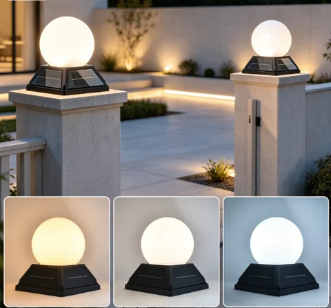 Solar Post Pillar Light, Round Ball Cap 3‑Color Solar Lamp, IP65 Waterproof Remote Timer Dimmer 2400mAh Battery for Garden
