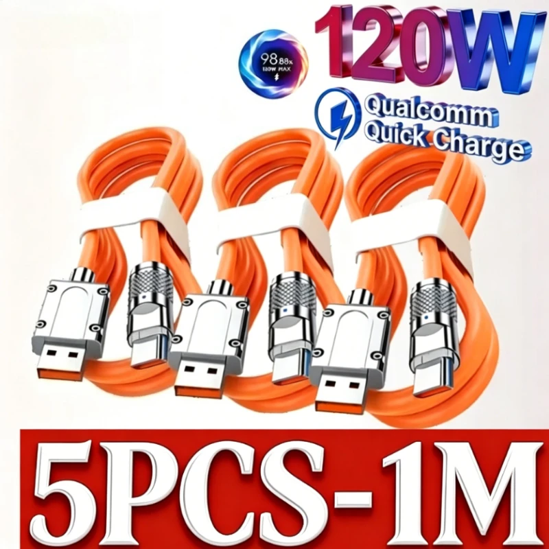 New 5/2PCS 120W Super Fast Charge Type-C Liquid Silicone Cable Quick Charge USB C Lines for Xiaomi Samsung USB Phone Data Wire