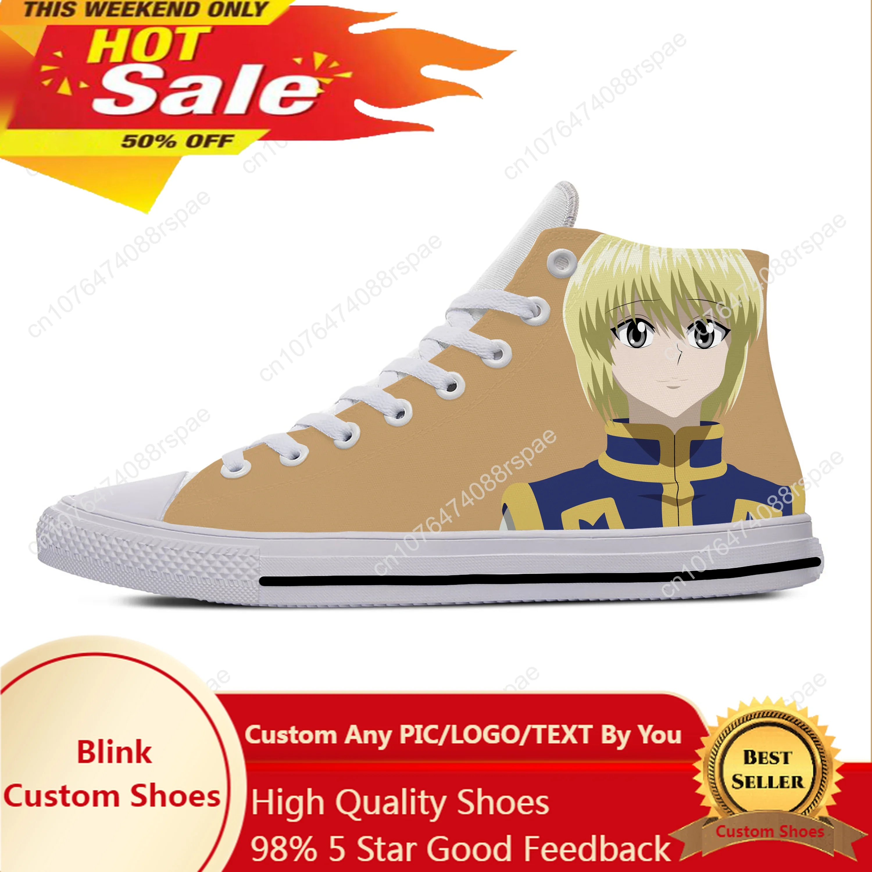 Homens e Mulheres Anime Japonês Manga Kurapika Tênis Respiráveis Casuais, Sapatos de Pano Hunter X Hunter, Leve, Top Alto, 3D Print