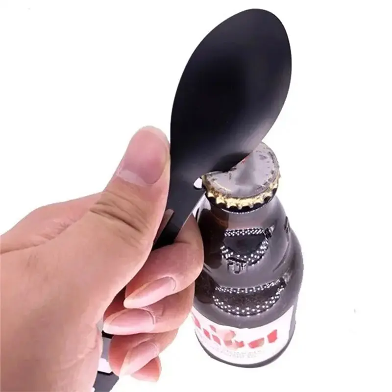 A85M في الهواء الطلق متعددة الوظائف الفولاذ المقاوم للصدأ 5 في 1 أداة مجموعة شوكة ملعقة يمكن فتاحة وجع عدة التخييم والعتاد أدوات إنقاذ #2