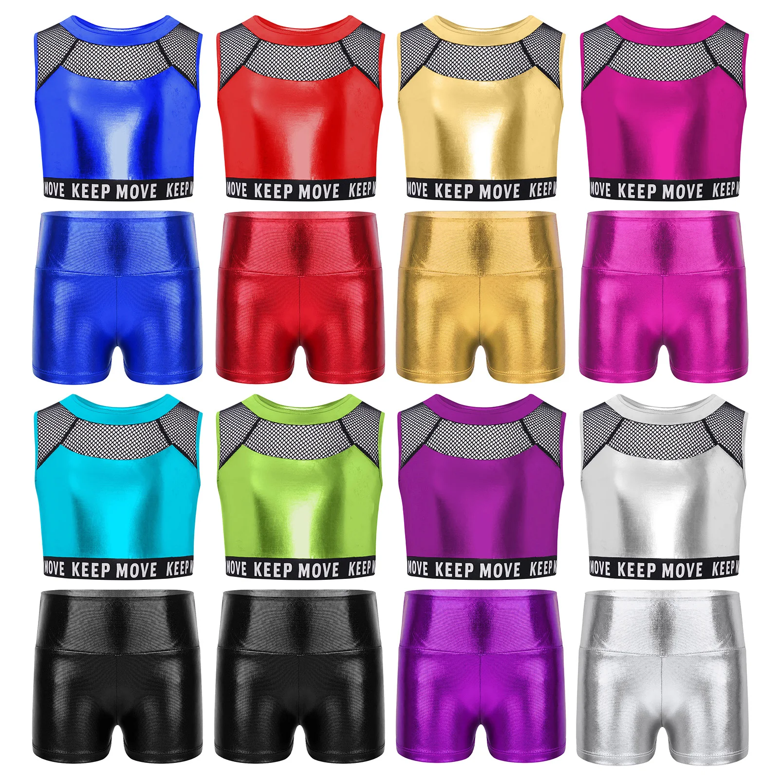 

Girls Jazz Dance Gymnastics Costume Sleeveless Mesh Metallic Vest with Shiny Shorts Workout Yoga Skating Performance Dancewear