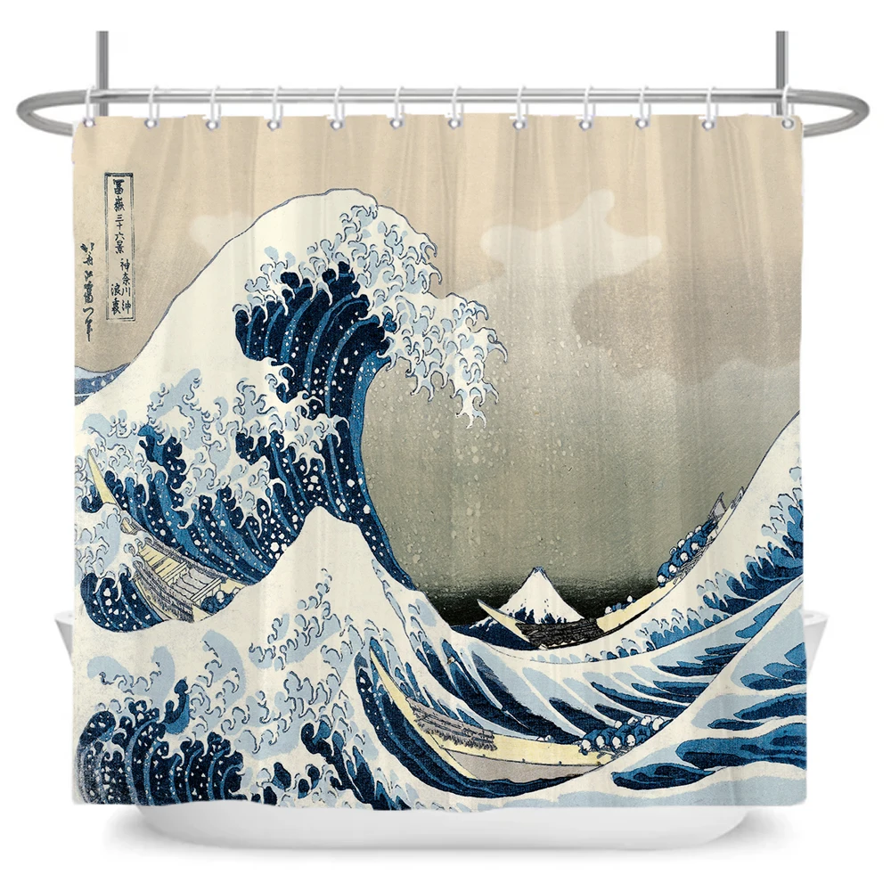 Japanese Wave Mount Fuji Plum Blossom Flower Printied Shower Curtain Waterproof Polyester Fabric Bathroom Curtains with 12 hooks