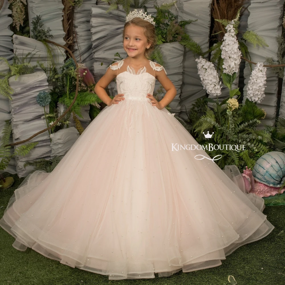 

Customized Pink Flower Girl Dress For Wedding Lace Applique Sequins Birthday Party Pageant Wear First Communion Ball Gown YFD015