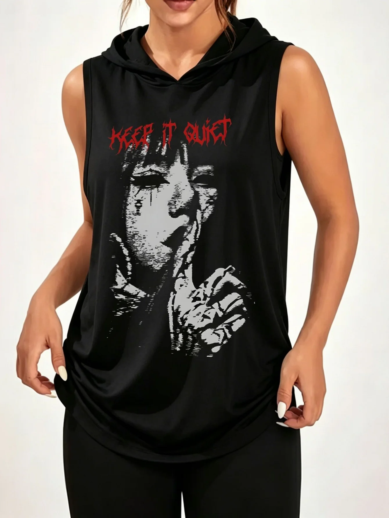 Unisex Keep It Quiet Crying Woman Print Sleeveless Hooded Tank Top Grunge Gothic Punk Alt Streetwear Hood Vest