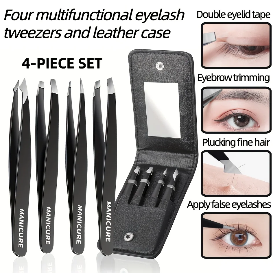 Set di pinzette per sopracciglia in acciaio inossidabile da 4 pezzi con nastro a doppia palpebra e custodia - Strumenti professionali per trucco per l'estensione delle ciglia