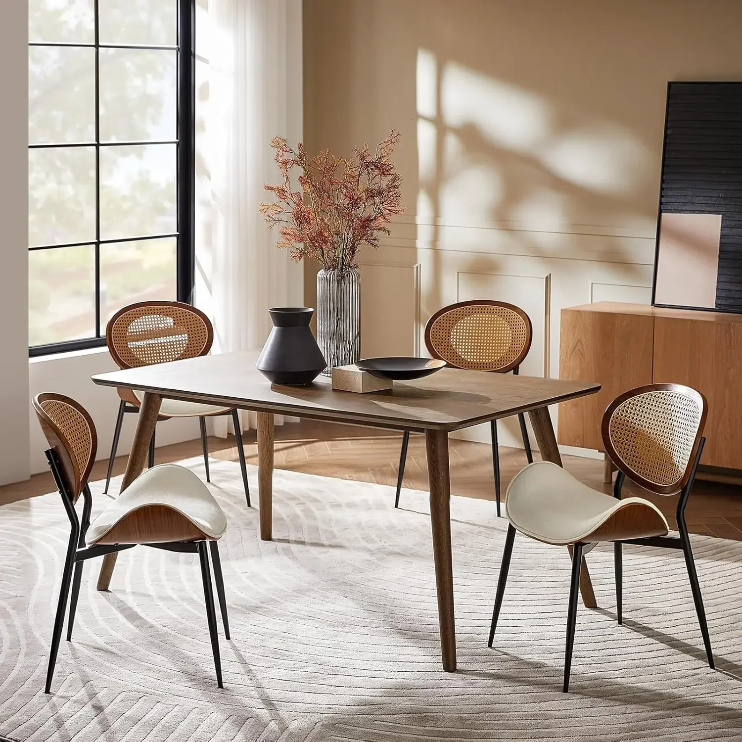 

Rattan Dining Chairs Set of 4, Fabric Padded Chairs with Curved Cane Mesh Backrest, Mid-Century Modern Kitchen, Customized