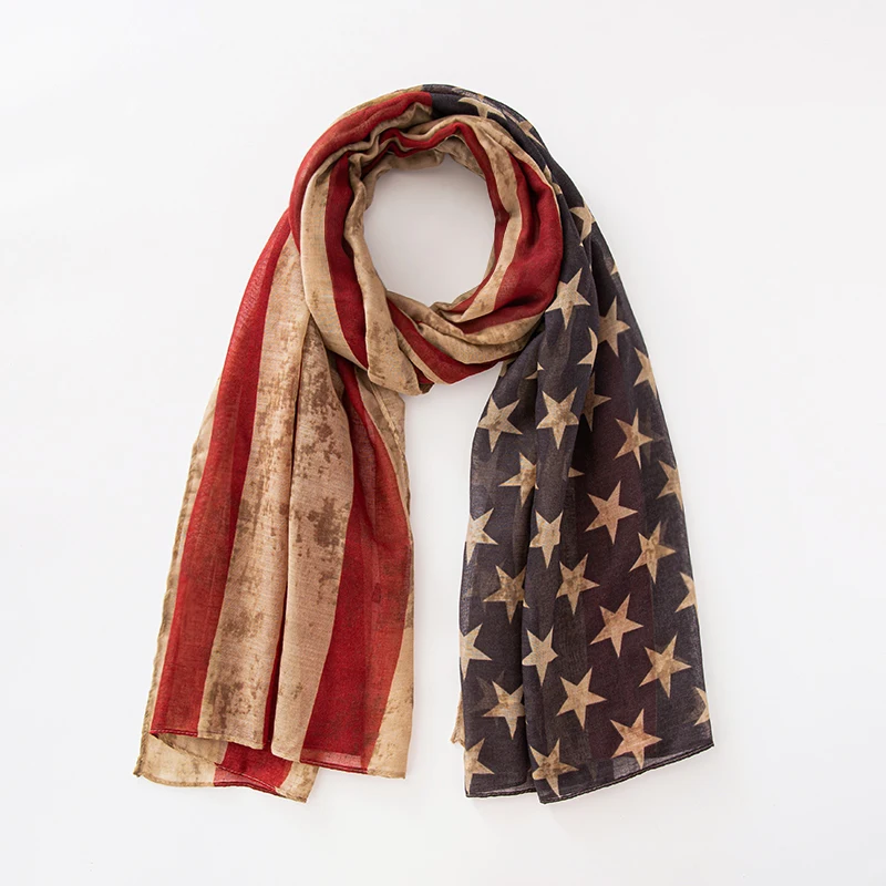 Fashion American Flag Oblong Scarfs Patriotic Stars Print Shawl Voile Soft Wrap Geometric Stripes Scarf