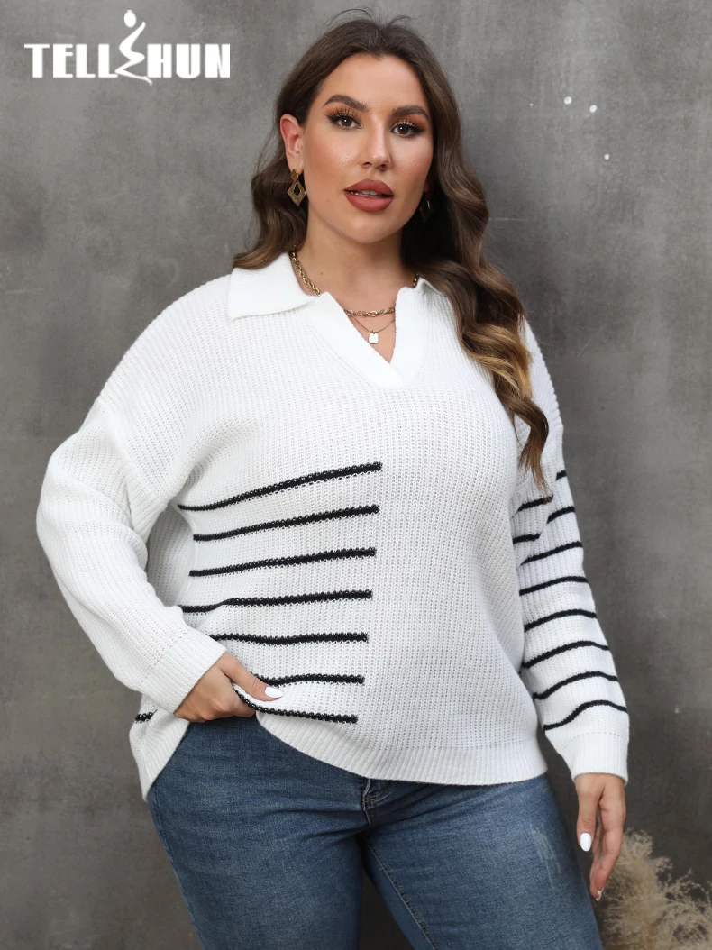 Striped Polo Neck Autumn Winter Pullover Sweater Women\'s Sweatshirt Loose Casual Warm Sweater Fashion Clothing Tops PLus Size