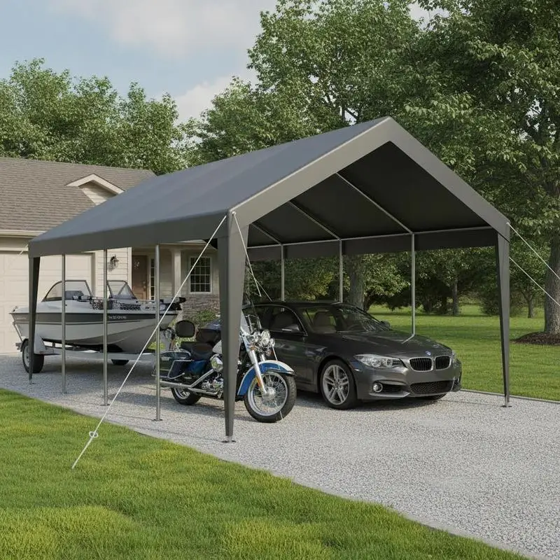 Carport, 3,05 x 6,09 m, Robuster Auto-Unterstand mit Stahlrahmen, Outdoor-Garagenunterstand, Ganzjahres-Schutz, Vordach für Autos, Boote, Motorräder, Grau