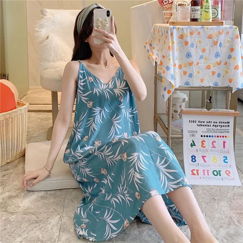 Summer Loose Thin Cotton Night Dress Women Print Cartoon  Sleepwear Lingerie Cute Nightdress Strap Thin Home Wear Clothes