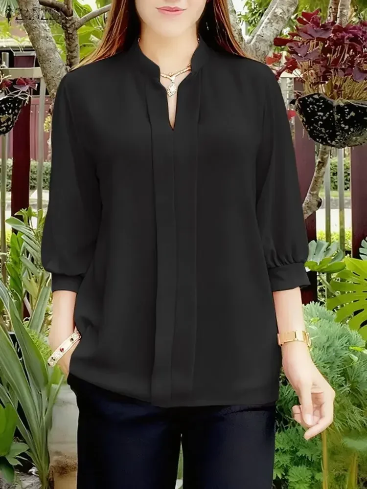 ZANZEA Frauen Bluse Mode 3/4 Hülse Casual Einfarbig Tops 2025, Herbst V-ausschnitt Lose Blusas Femininas Streetwear Arbeit Tunika
