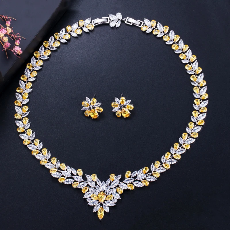 ThreeGraces White Gold Color Marquise Shape Zirconia Stones Big Flower Statement Necklace Sets For Women Party Jewelry JS106