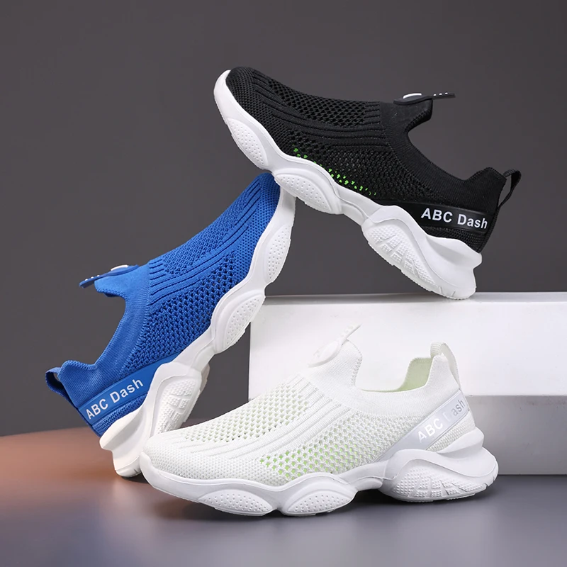 

Новая детская повседневная обувь, дышащие вязаные кроссовки для детей, кроссовки без шнуровки, легкие удобные прогулочные кроссовки для мальчиков