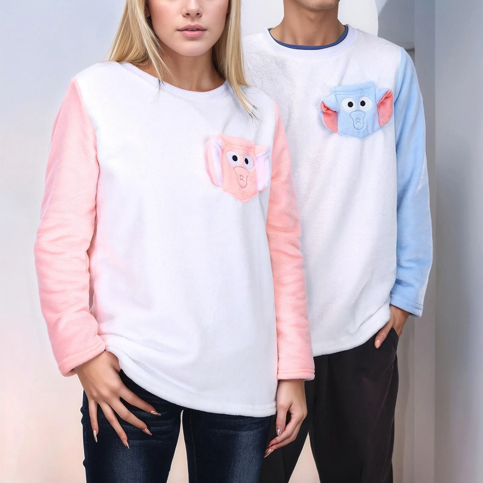 Funny Elephant Sleepwear Top Women's Fuzzy Fleece Pajamas Long Sleeve Crew Neck Loungewear Casual Couples Novelty T Shirts