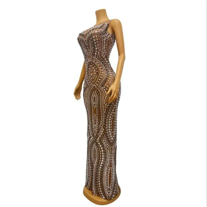 Full Rhinestones Evening Dress Women'S Party Festival Outfit Sexy Stretch Brown Mesh Long Dress Stage Celebrate Costumes XS6801