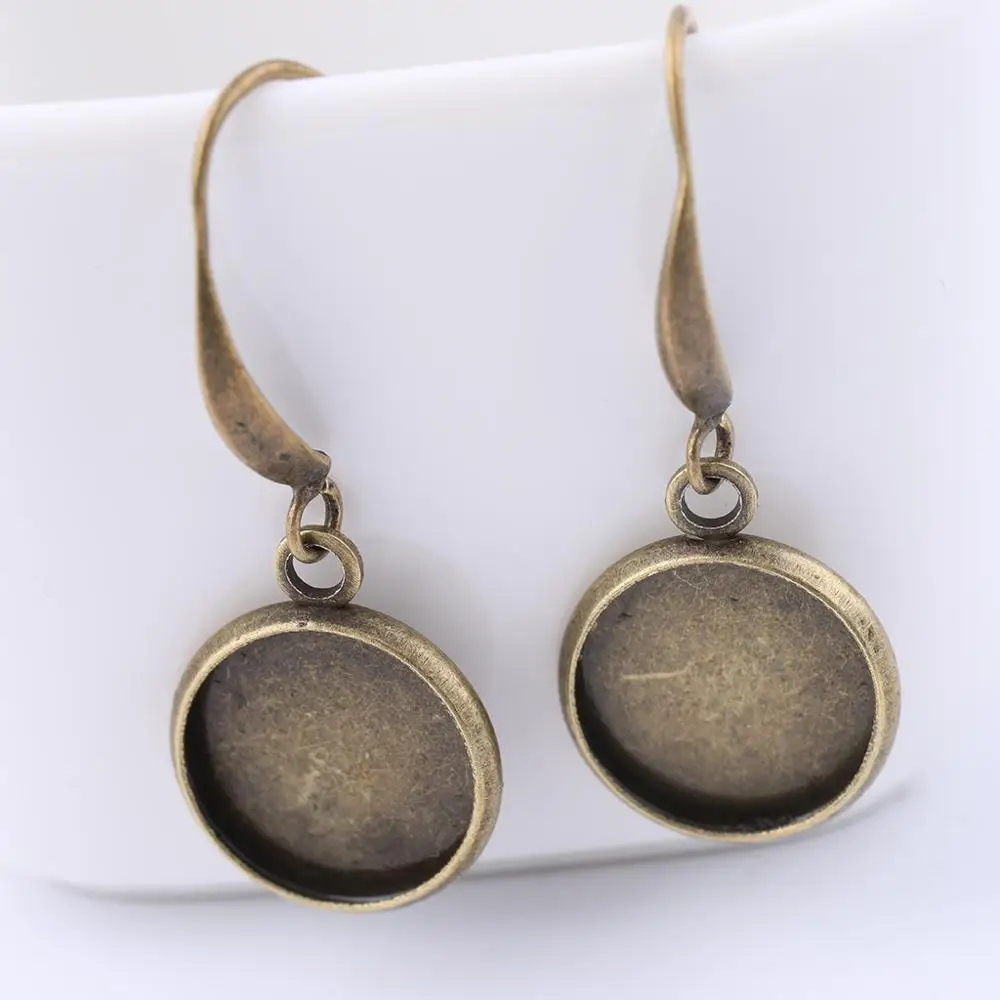 

10pcs antique bronze 12mm round cabochon earring base setting blanks diy ear wire hooks findingsf or jewelry making supplies