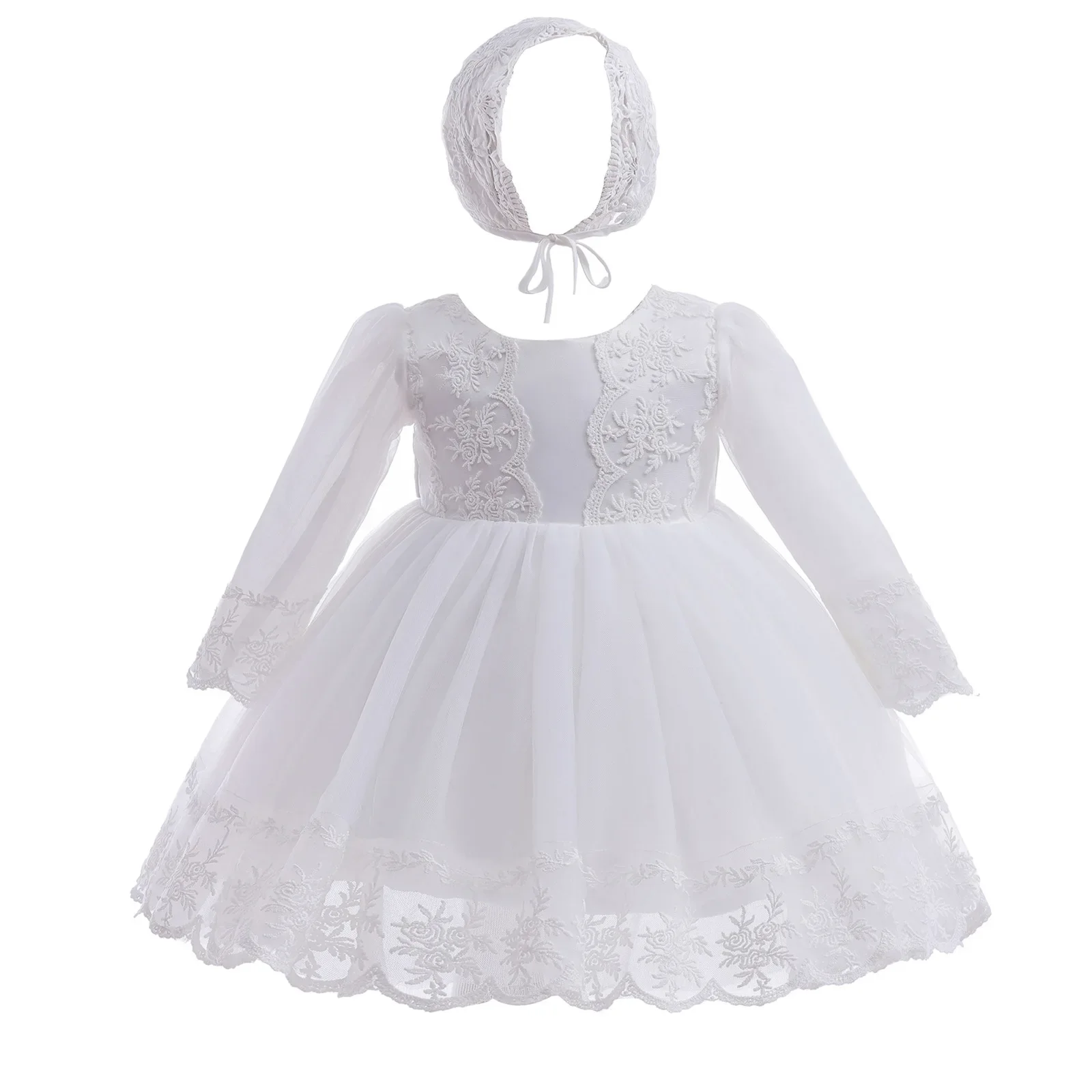 Vestido de niña con bordado blanco, vestido de bautizo, vestidos de fiesta de cumpleaños para niñas, vestido tutú de hilo de manga larga, vestido infantil de 3 a 24 meses