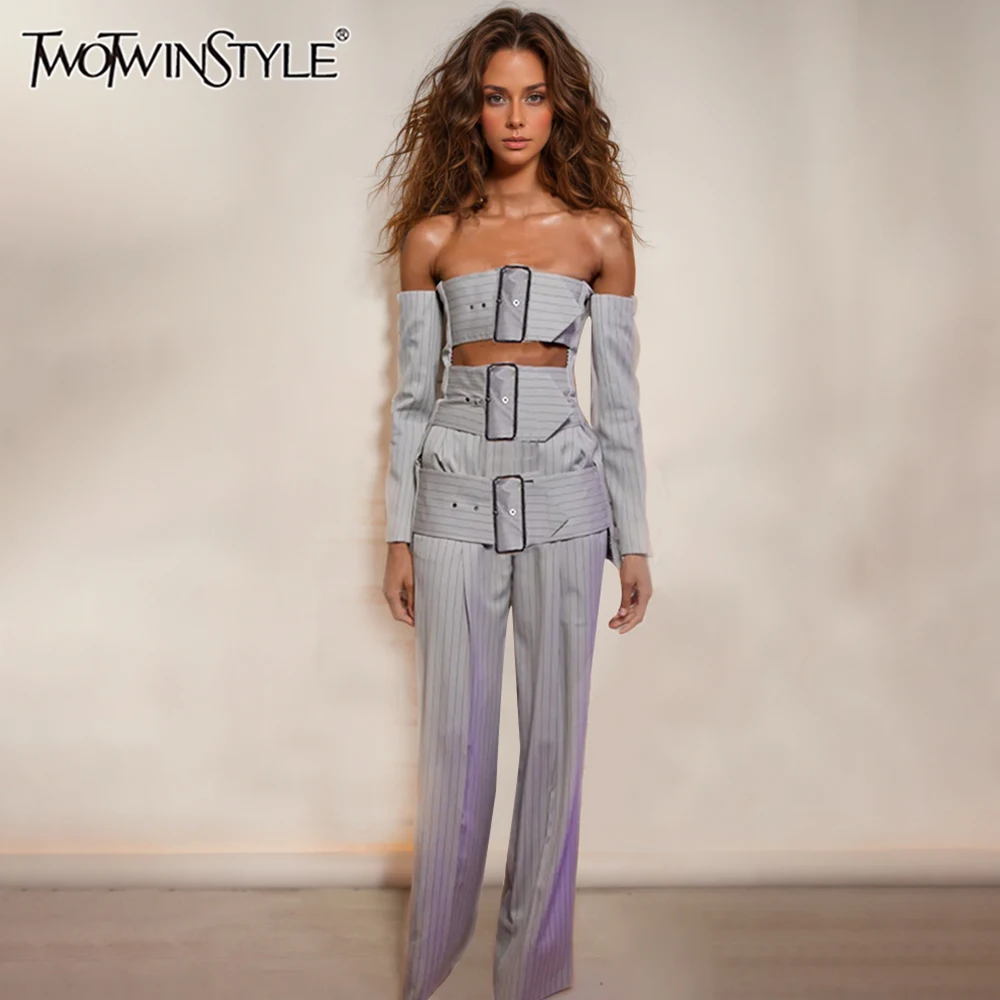 

TWOTWINSTYLE Hollow Out Two Piece Set For Women Strpless Long Sleeve Spliced Belt Top High Waist Loose Pant Slim Sets Female