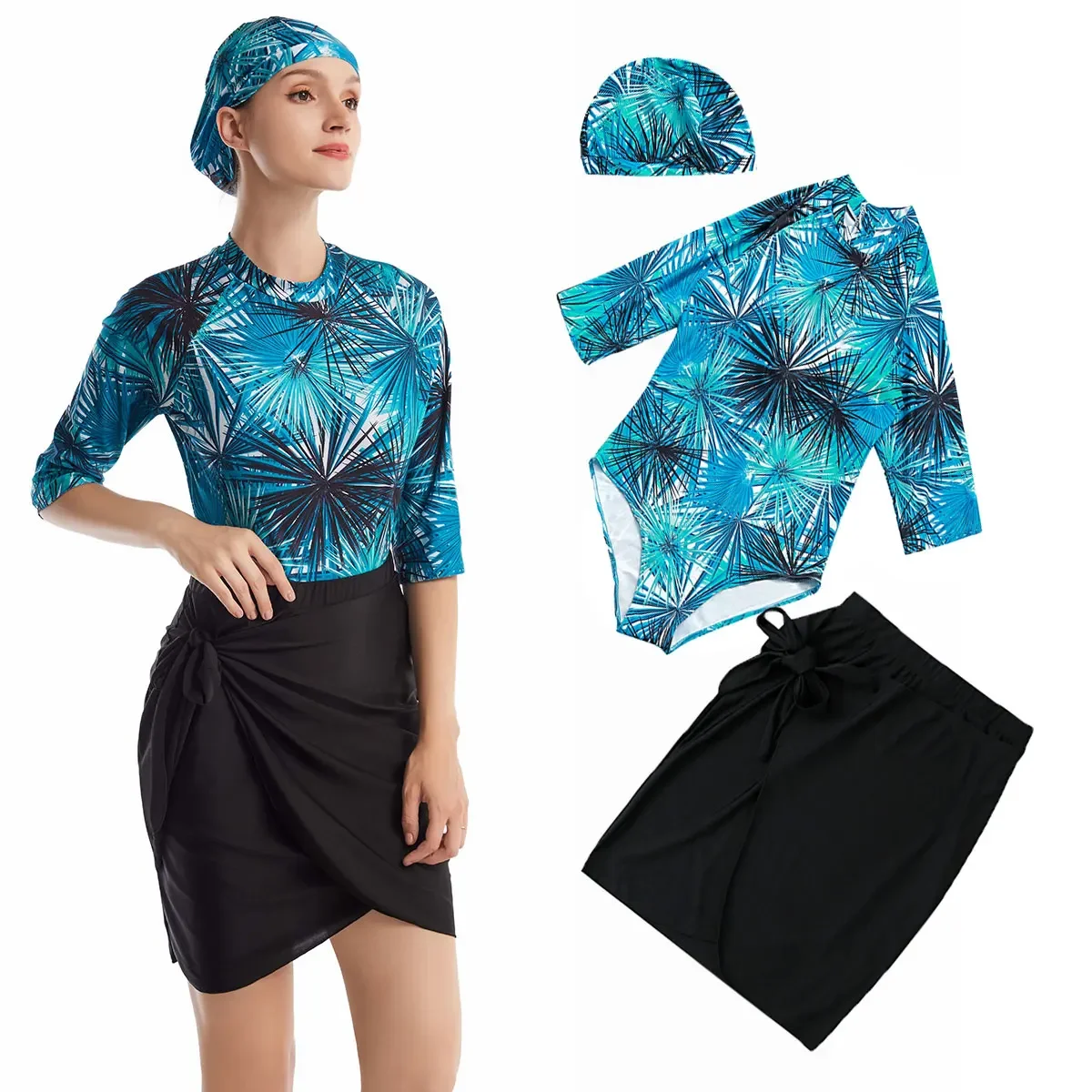 

Women Fashion Islamic Muslim Swimsuit Burkini Short Style for Adult Women Ladies Top Skirt Cap Quick Dry Printing Outfits S-3XL