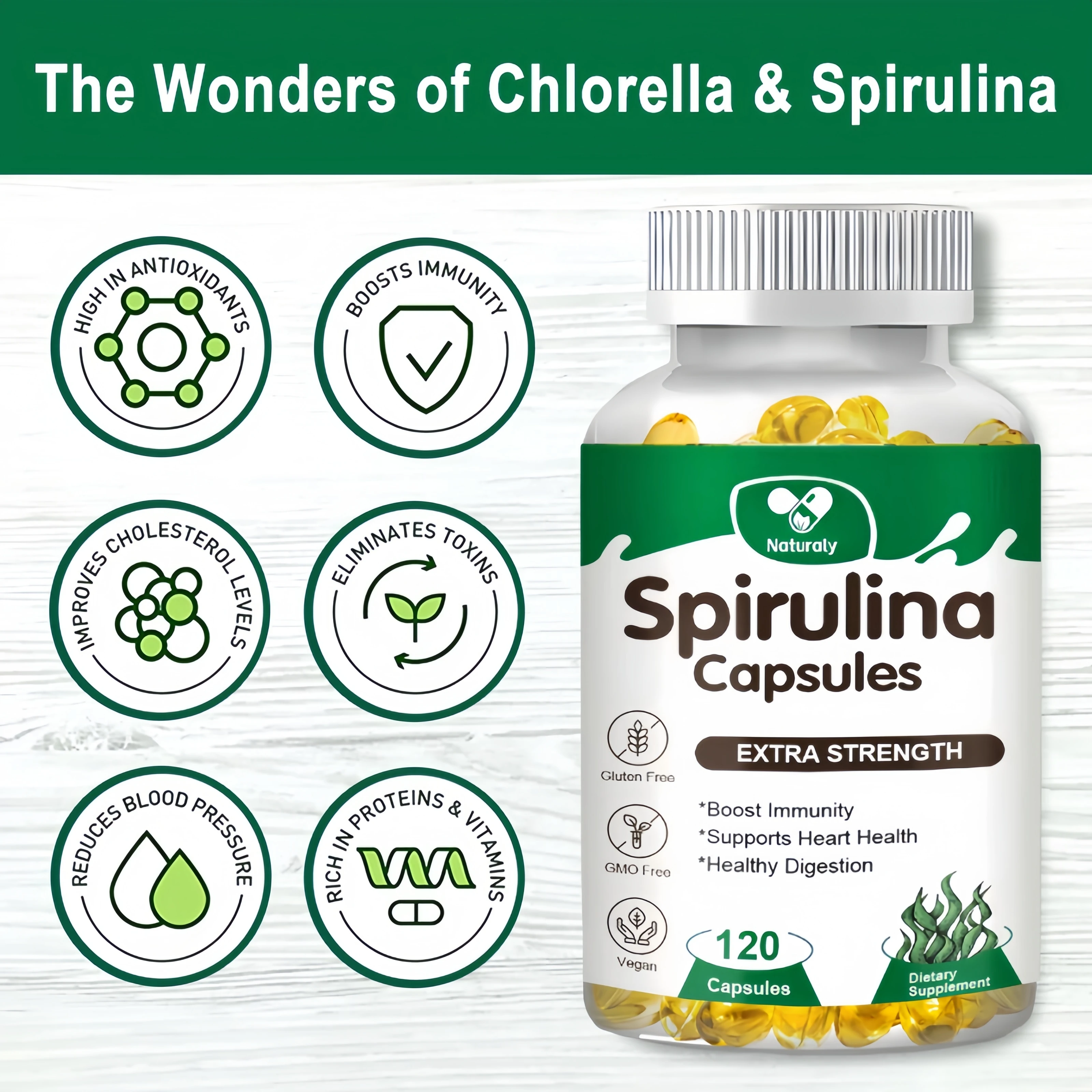 Spirulina Capsules  Maximum Strength Supports Immune System, Heart, Cells and Energy