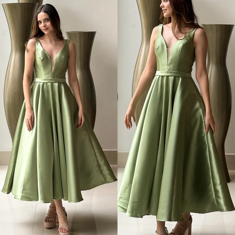 

Customized Temperament Green Satin Evening Dress High Quality V-Neck Sleeveless Homecoming Dress Luxury Vestido De Festa