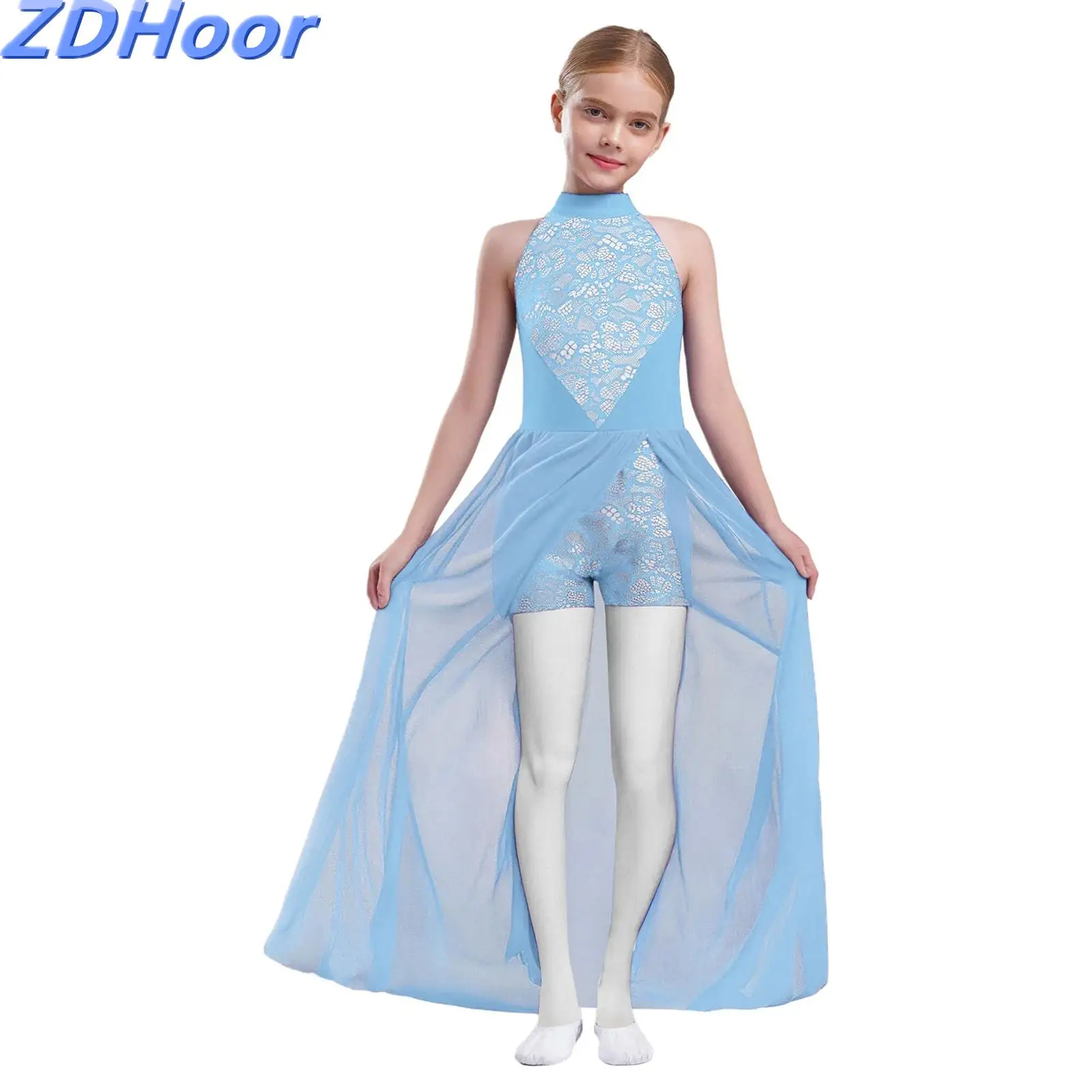 

Kids Girls Lyrical Dance Dress Halter Press Buttons Leotard Jumpsuit with Flowy Mesh Overlay for Lyrical Competitions Classes
