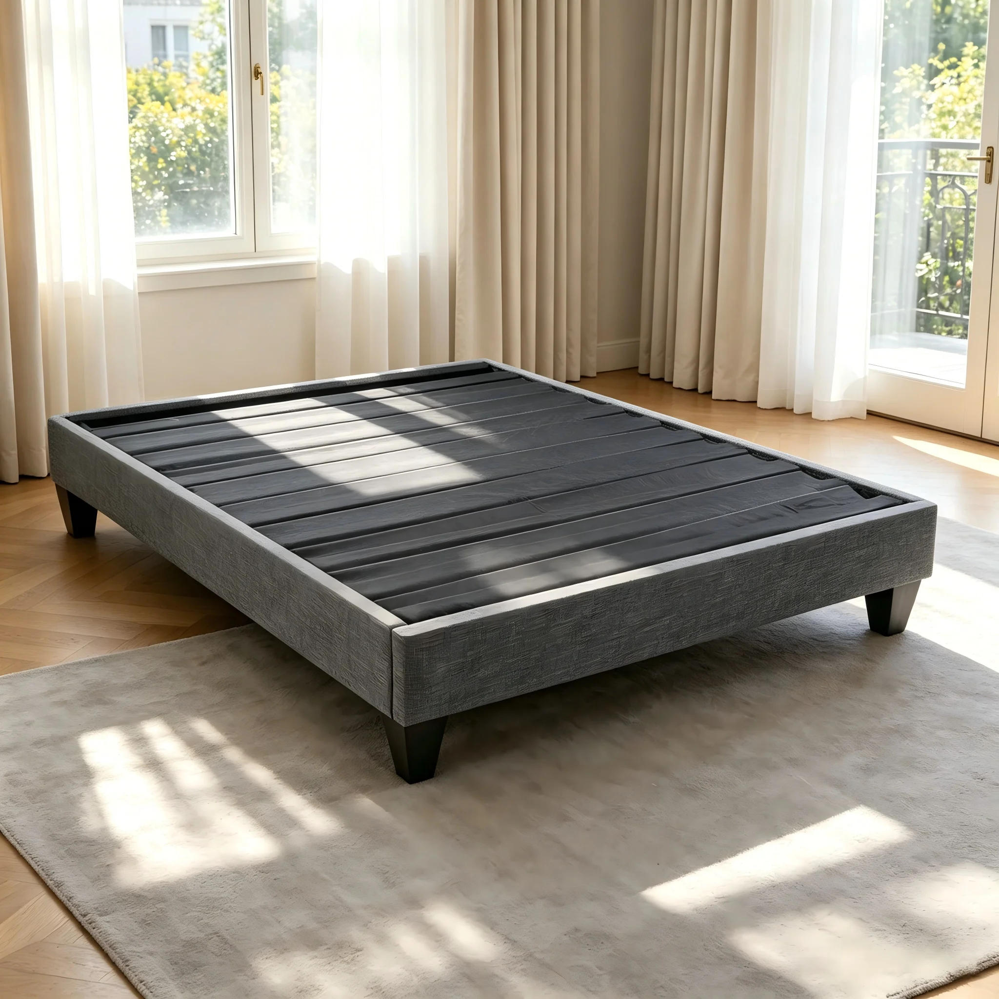 Contemporary Grey Upholstered Platform Bed, Polyester Fabric Bed Frame, Reinforced Support Geometric Foot Platform Bed No Box Sp