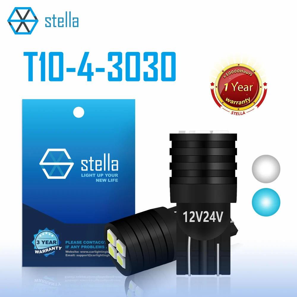 Stella 2pcs T10 LED Bulb W5W Auto Signal Lamp 4*3030 Chips White/Ice Blue Canbus Light for 12V/24V Car Interior Light Dome Lamp