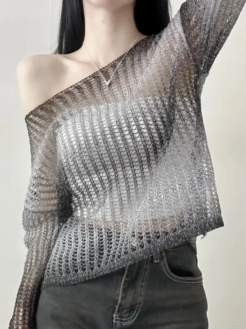 Csa de Malha Fena Nova 2025 com Decote Redondo, Manga Longa, Estilo Coreano, Oversized, com Design Vazado em adiente...