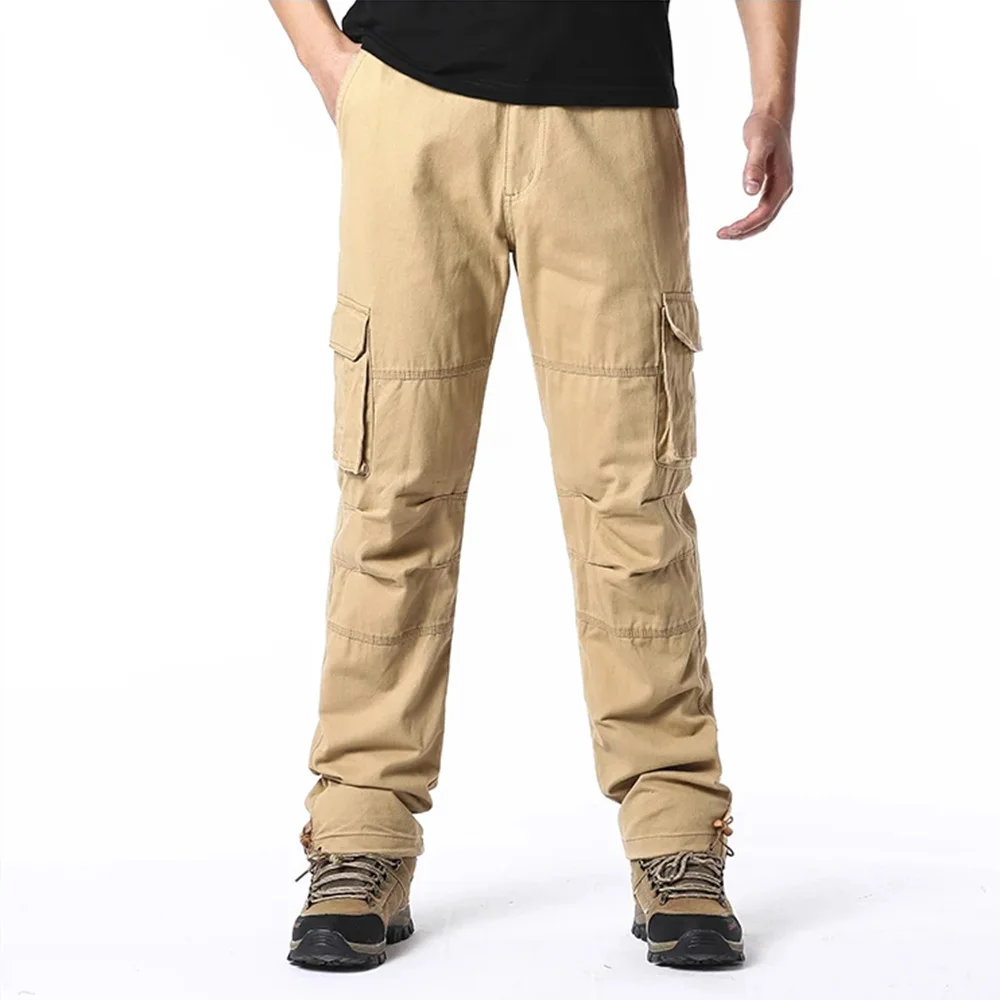 New Autumn Cotton Cargo Pants Men Solid Color Large Pocket Loose Overalls Elastic Waist Casual Trousers Military Tacticl Pants