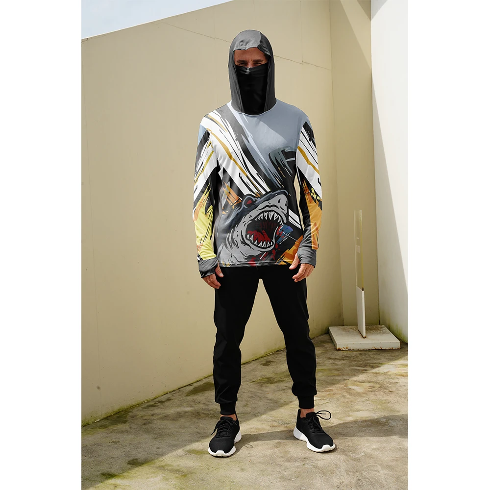 Men  Sun‑Proof Fishing Hoodie With Face Mask Mixed Fish Graphic Print Quick Dry Breathable Long Sleeve Top For Outdoor Fishing