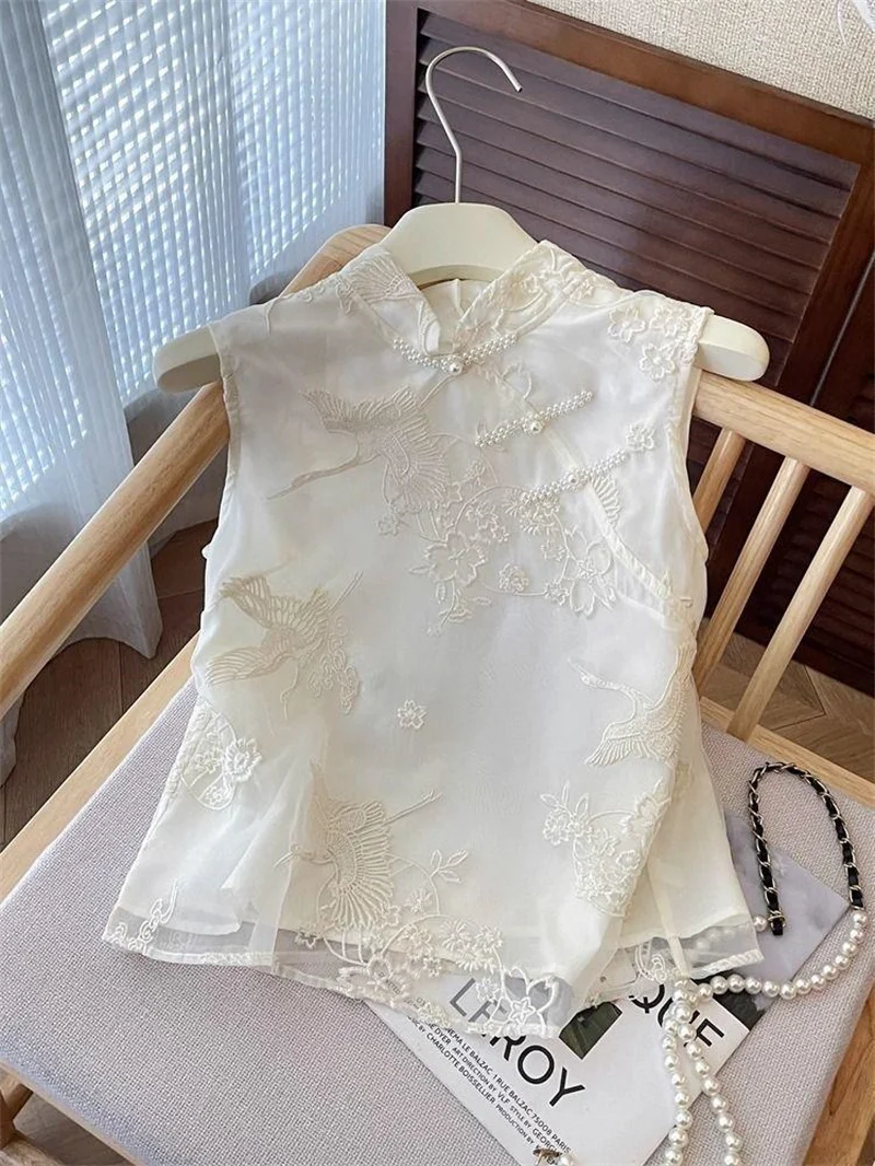 Chaquetas para mujer, chaleco para mujer, estilo chino de verano, top sin mangas, chaleco para mujer con cuello levantado, hebilla Hanfu, chaleco bordado ligero, abrigo