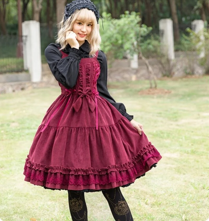 Autumn winter sweet lolita dress vintage lace bowknot victorian dress kawaii girl gothic lolita jsk loli cosplay