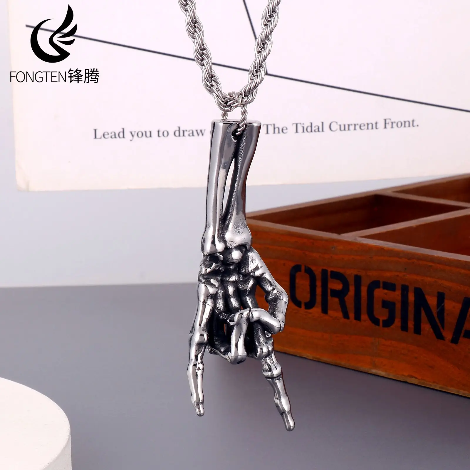 Fongten Rock Hip Hop Gesture Stainless Steel Necklace For Men Creative Trend Ghost Claw Fashion Jewelry Exhibition Gifts