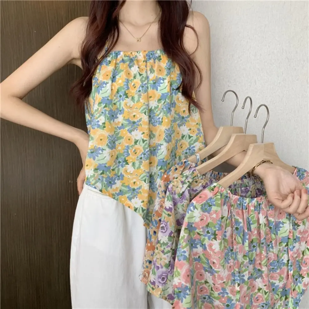 Irregular Halter Suspender Tank Top New Sweet Floral Trend Tops Backless Lace Up Camisole Women