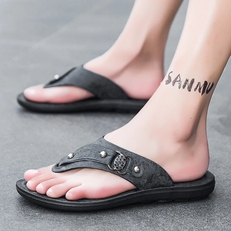 Summer Flip Flops Men Shoes Outdoor Fashion PU Leather Flat Shoe soft flip flops sandals printed slippers for men outdoor wear ﻿