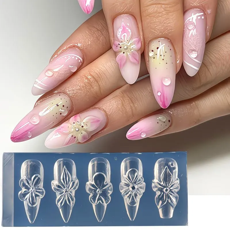 Molde de silicona 3D para flores de uñas, pétalos de lirio e hibisco, plantilla para tallar, esténciles para esmalte en gel, decoración de manicura primavera/verano 3