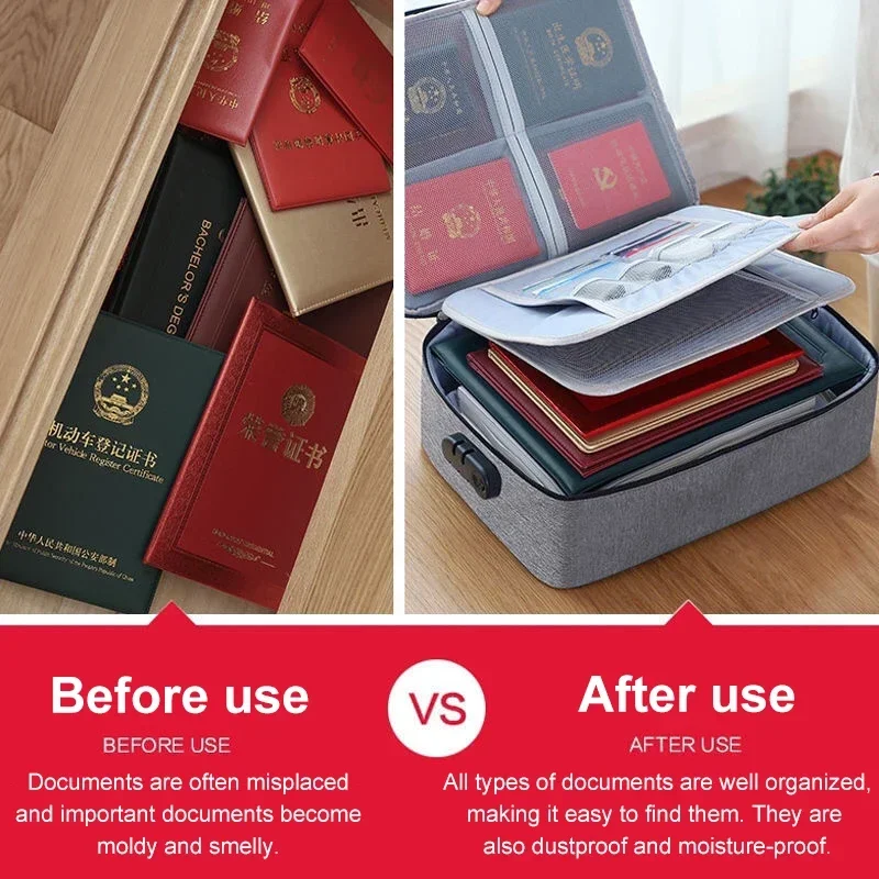 Document Bag with Lock 3-Layer File Organizer Case with Water-Resistant Zipper Certificate Storage Safe Bag Portable Travel Home